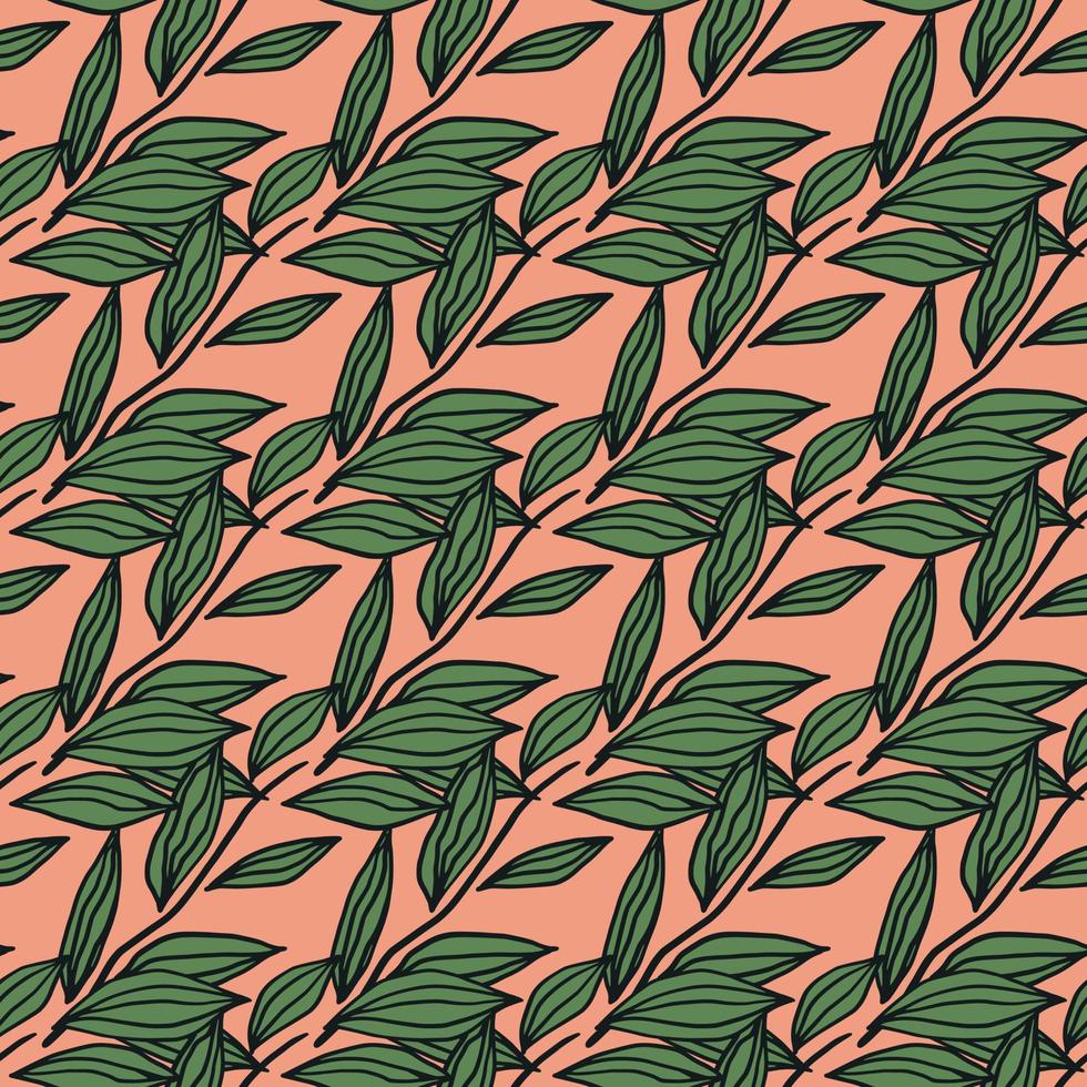 Bright seamless naive pattern with outline leaves green elements. Pink background. Stylized artwork. vector