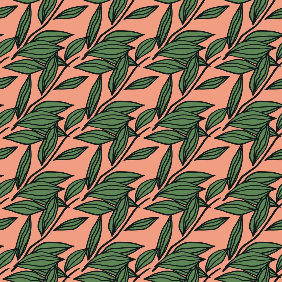 Bright seamless naive pattern with outline leaves green elements. Pink background. Stylized artwork. vector