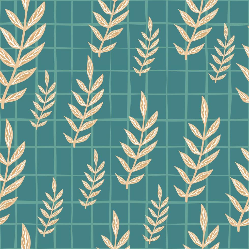 Pastel tones random beige vintage branches ornament seamless pattern. Turquoise chequered background. vector