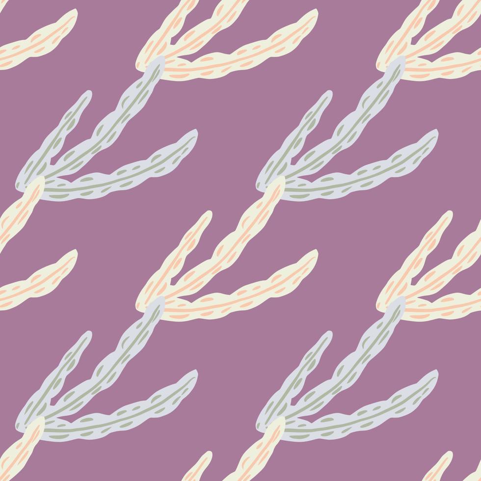 Ocean wild nature seamless pattern with pastel tones seaweeds print. Purple pastel background. Simple design. vector