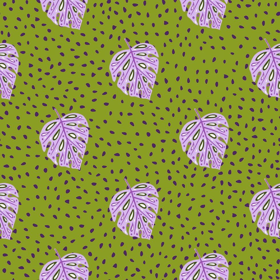 Scrapbook seamless pattern with purple doodle monstera leaf elements. Green dotted background. vector