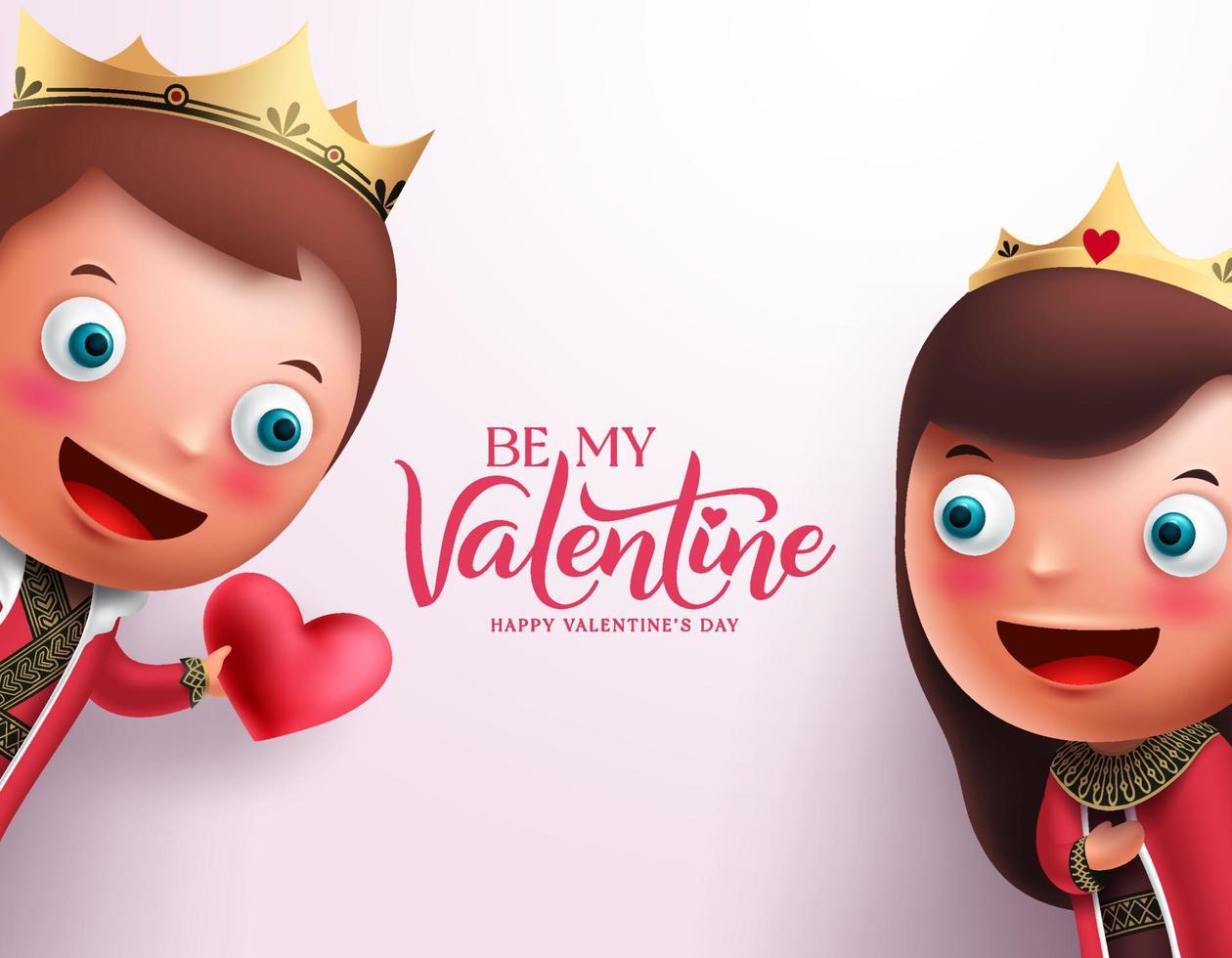 King and queen of hearts character vector design. Be my valentine text with couple character
