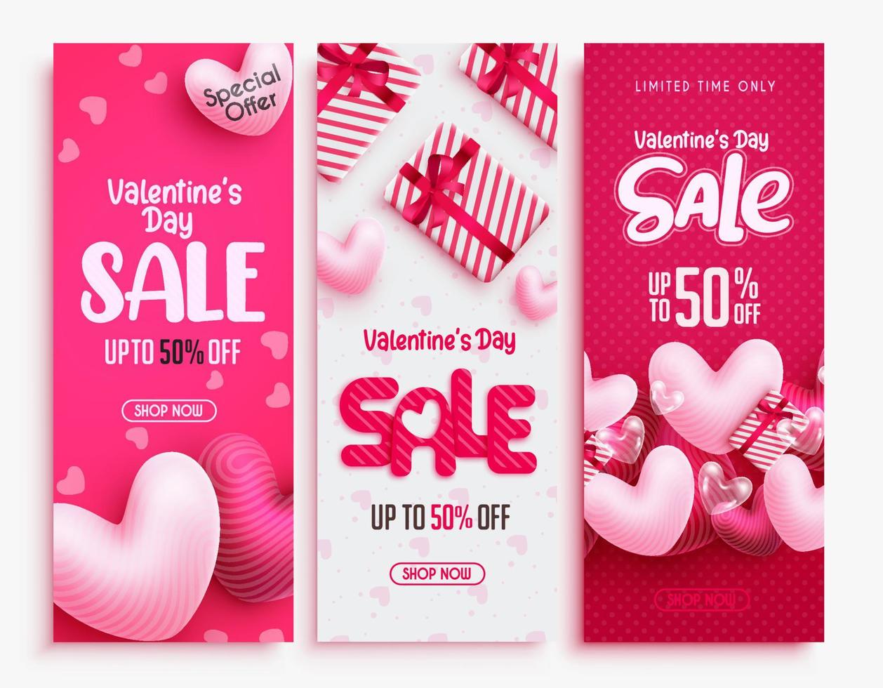 Conjunto de banner de vector de venta de San Valentín. texto de descuento del día de san valentín con elementos de globos de corazón