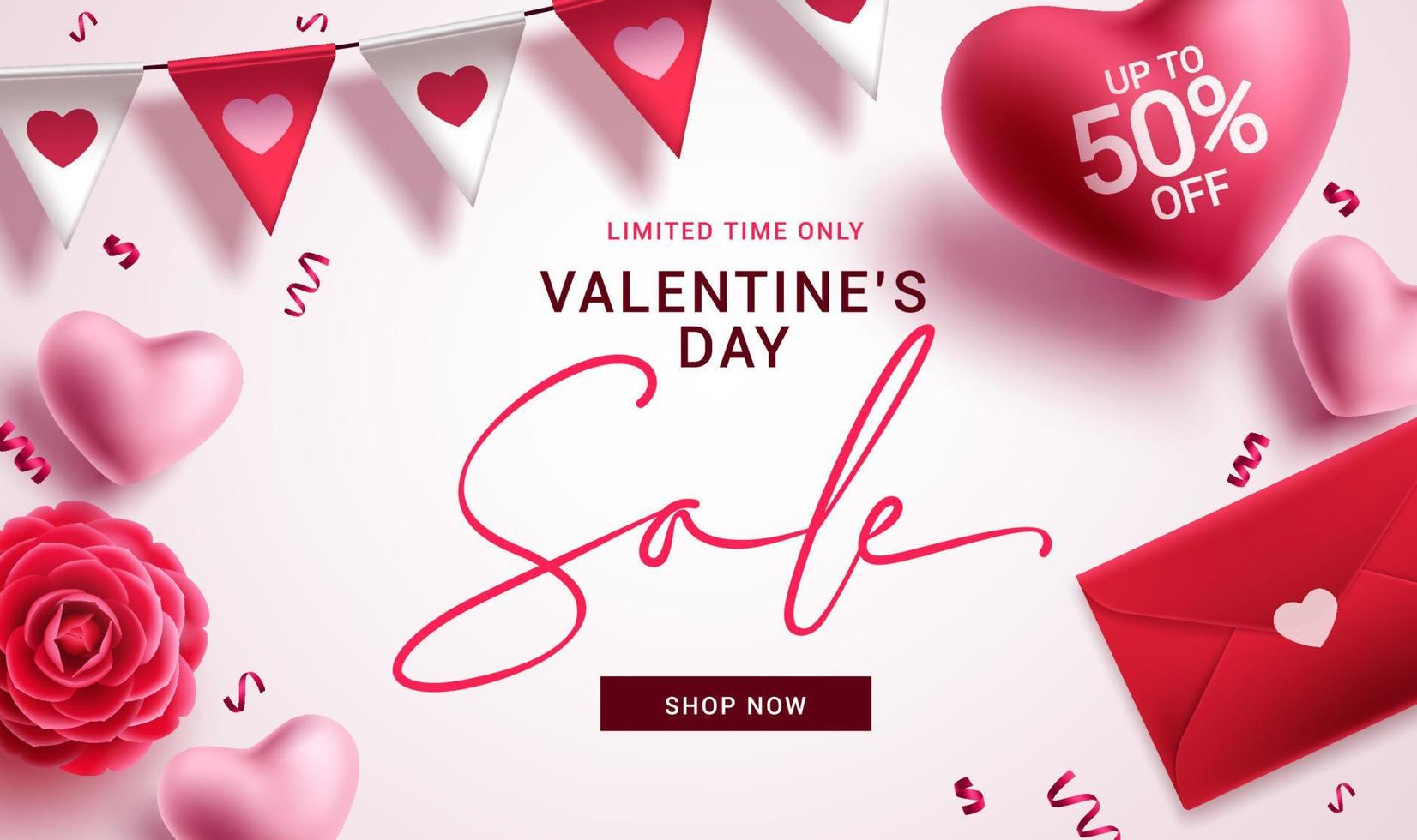 diseño de banner de vector de venta de San Valentín. texto de oferta por tiempo limitado del día de san valentín para la promoción del día de los corazones.