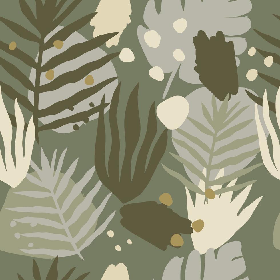 Abstract tropical plants seamless pattern. Contemporary exotic jungle wallpaper in collage style. D vector