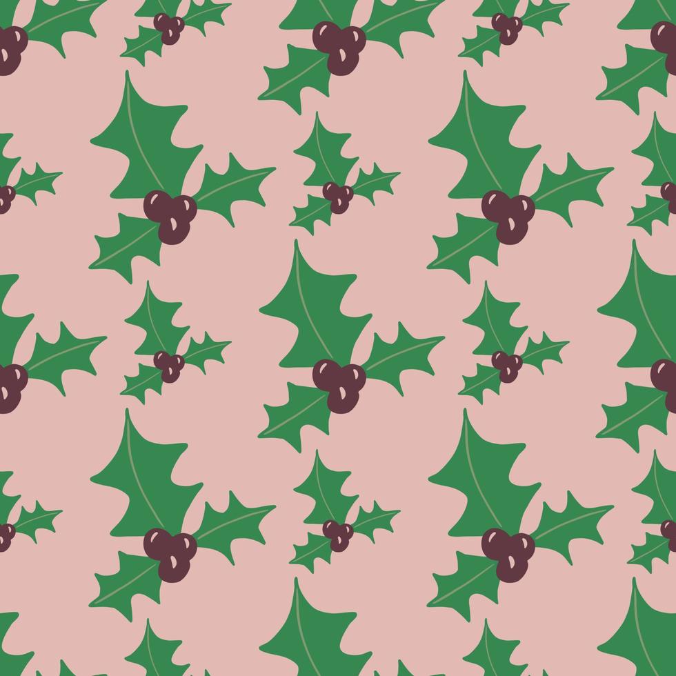 Seamless pattern with doodle green mistletoe christmas silhouettes. Pink background. Winter traditional holiday print. vector