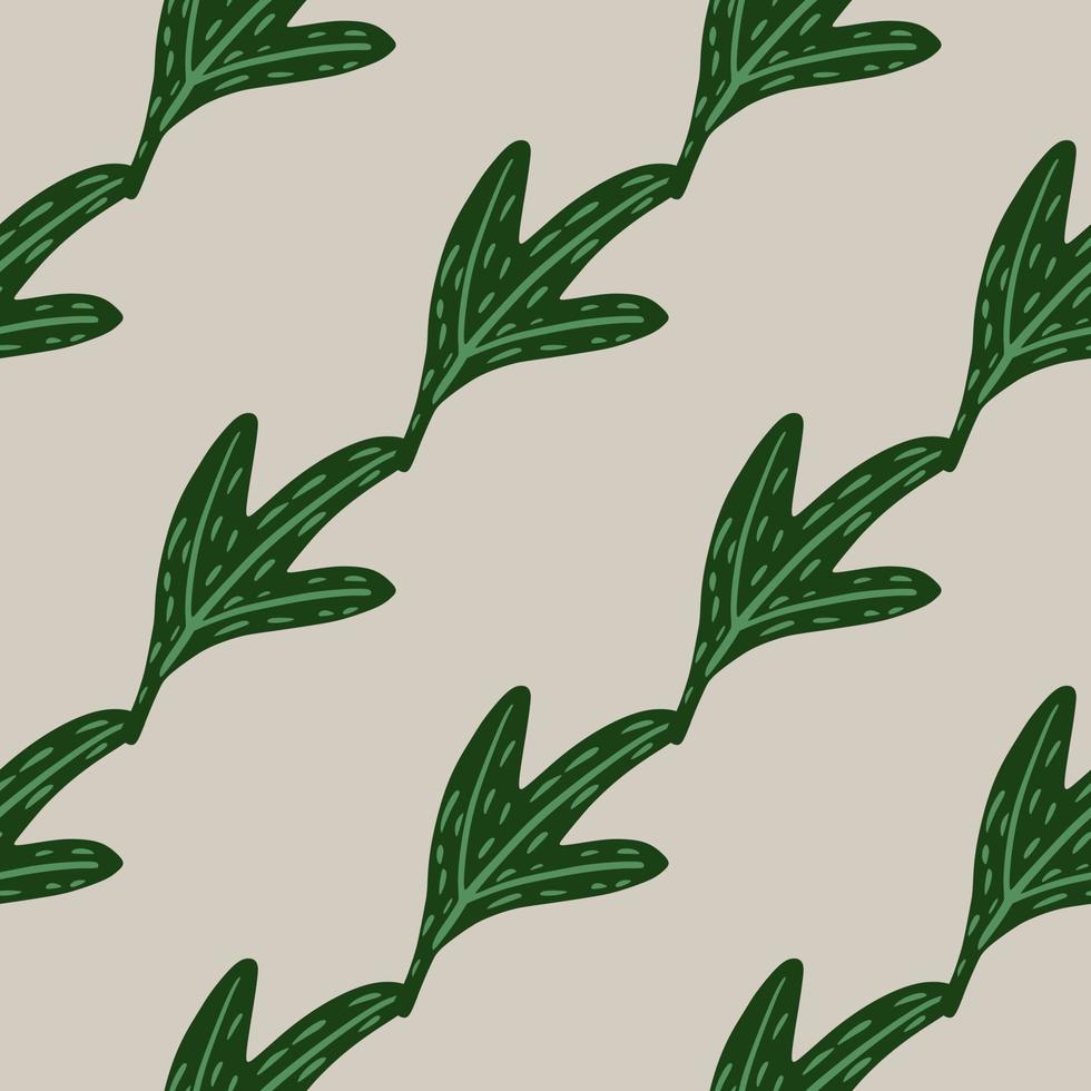 Minimalistic seamless doodle pattern with diagonal green leaves ornament. Light grey background. vector