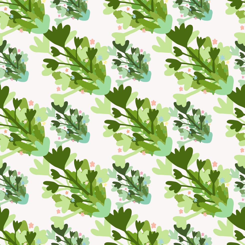 Isolated seamless floral pattern with bouquet of branches and leafs. Green and blue color ornament on white background. vector