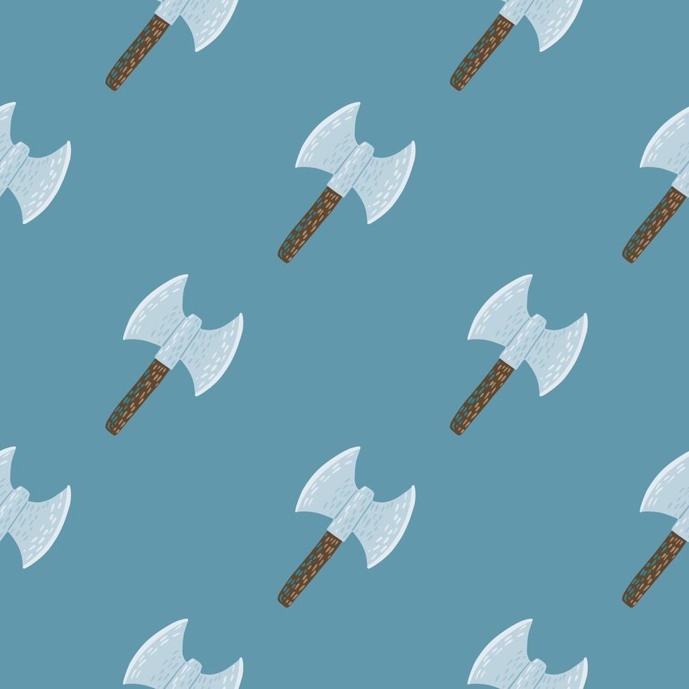 Simple seamless pattern with stylized norway viking ax elements. Doodle armor print on blue background. vector