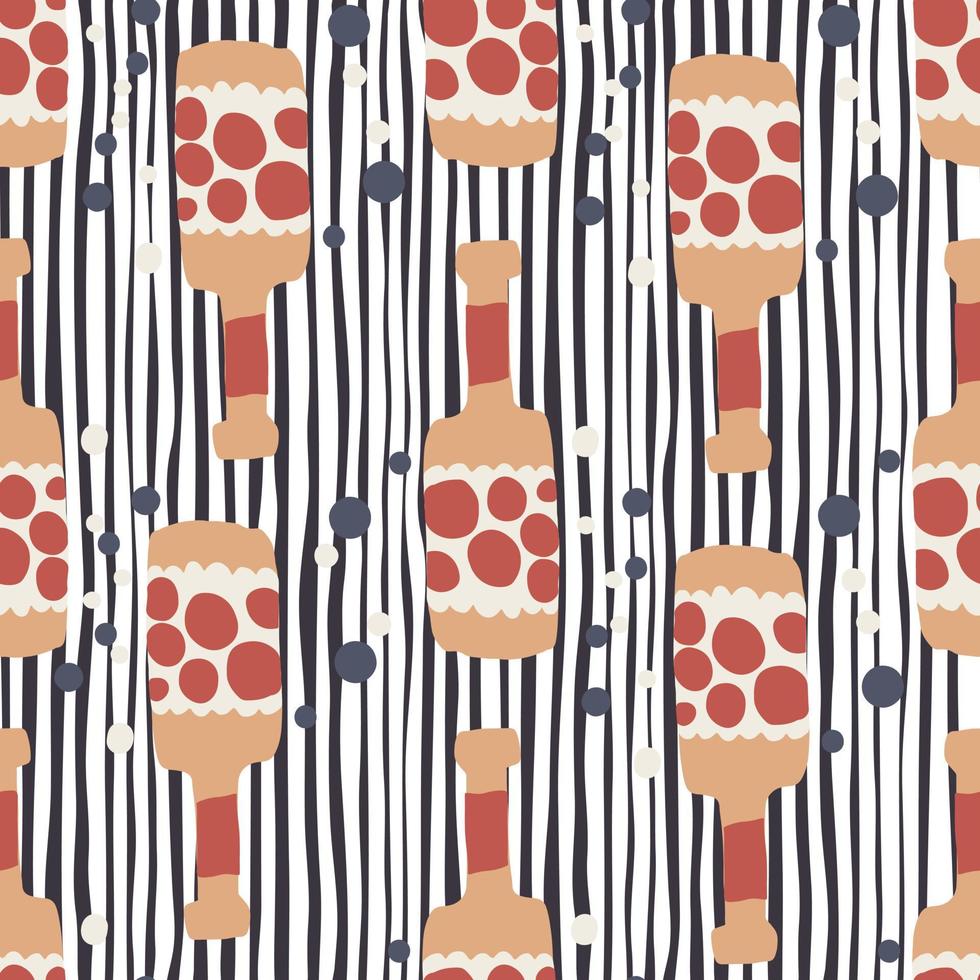 Alcohol rum bottles.Funny glass bottle seamless pattern on stripes background. vector