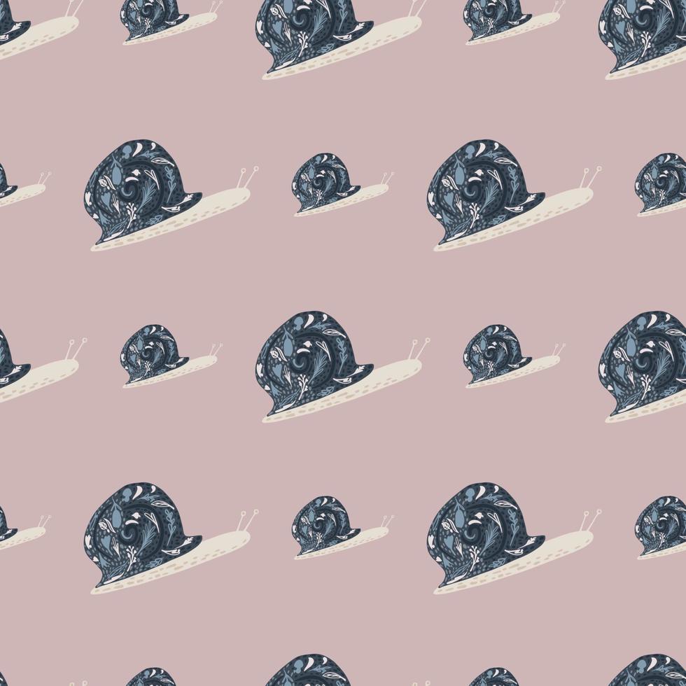 Simple animal ornament seamless snail pattern. Nature backdrop with navy blue achatina silhouette on pale pink background. vector