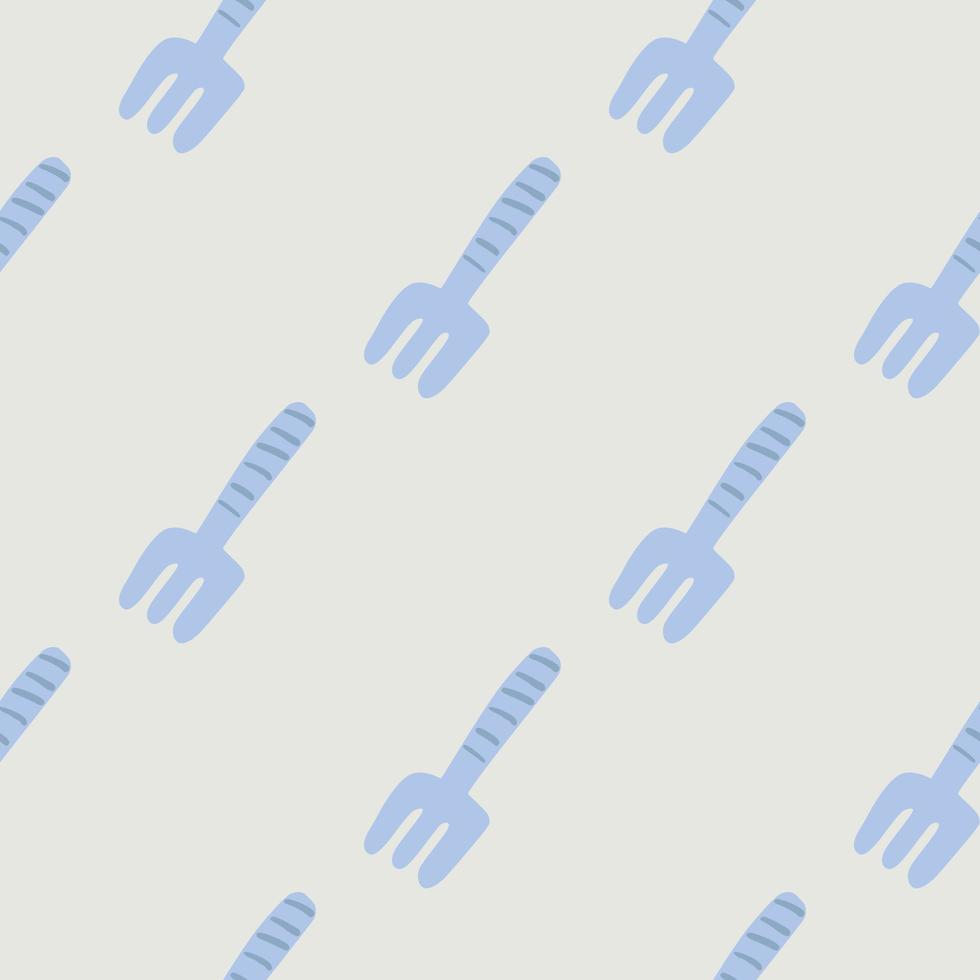 Minimalistic doodle pattern with rake shapes. Garden tool hand drawn ornament in blue color on light grey background. vector