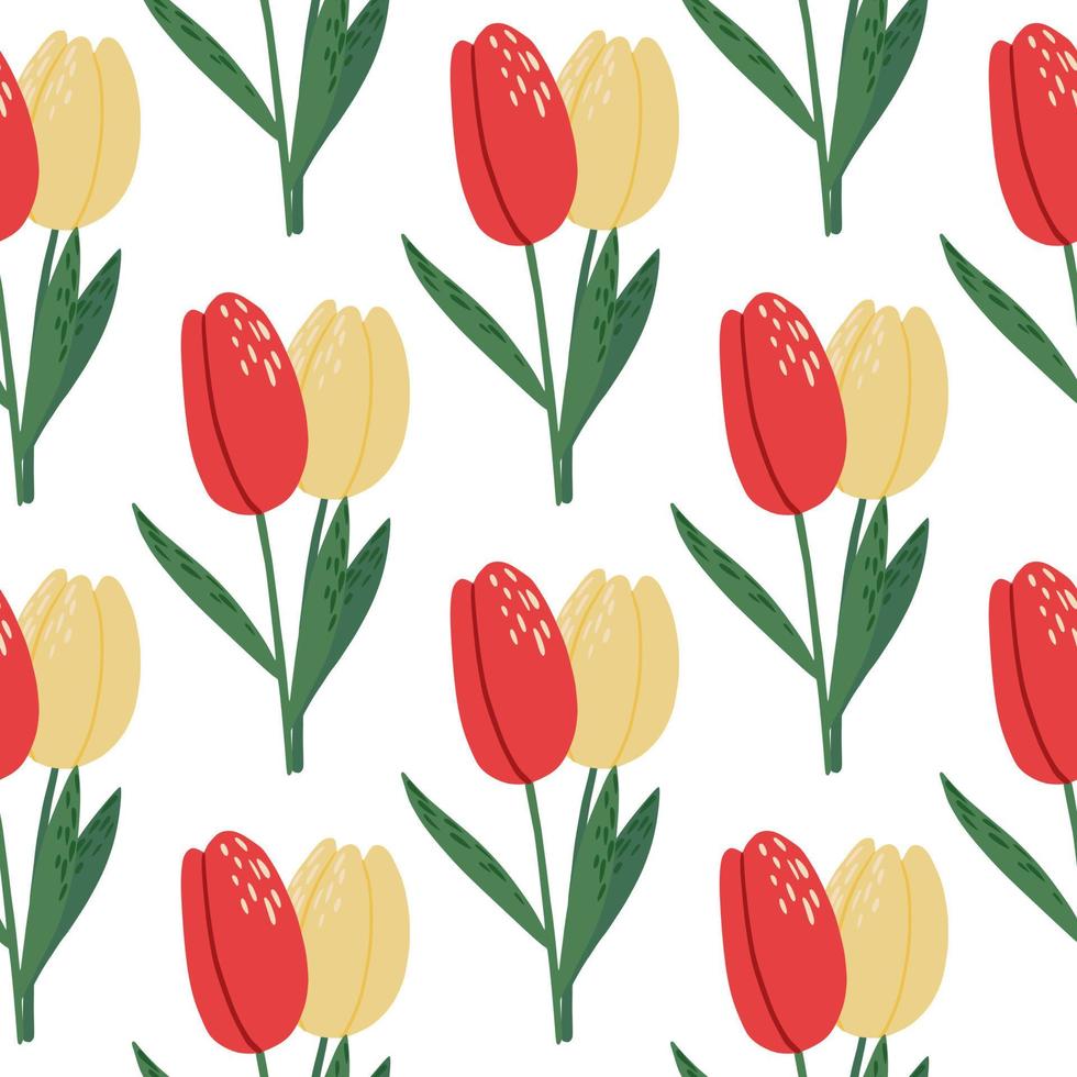 Isolated bright spring seamless tulip pattern. Flower silhouettes with red and yellow buds on white background. vector