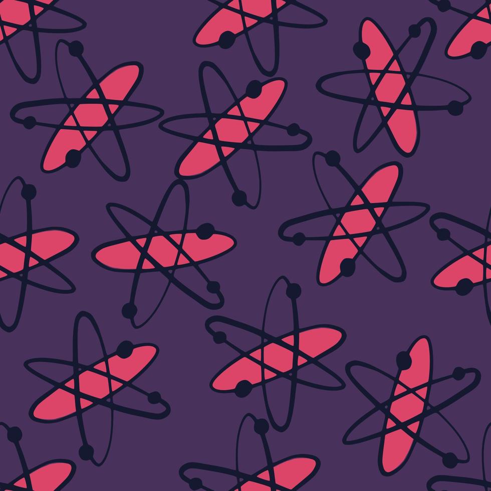 Random seamless bright pattern with pink colored atoms silhouettes. Chemistry print on purple background. vector