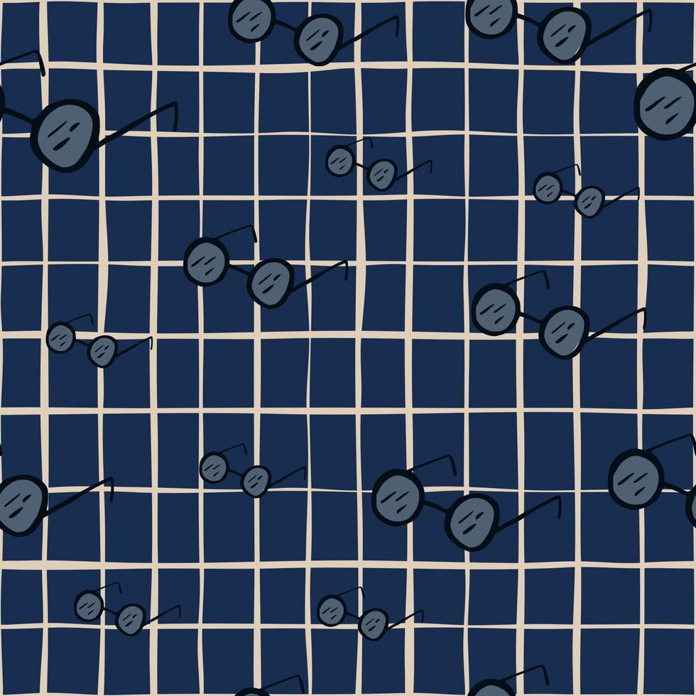 Accessory seamless pattern with random eyeglasses ornament. NAvy blue chequered background. vector