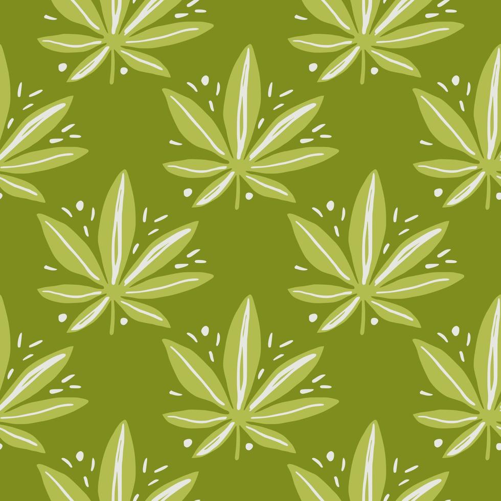 Marijuana leaves seamless doodle pattern. Drug print in green and olive colors. Stylized artwork. vector