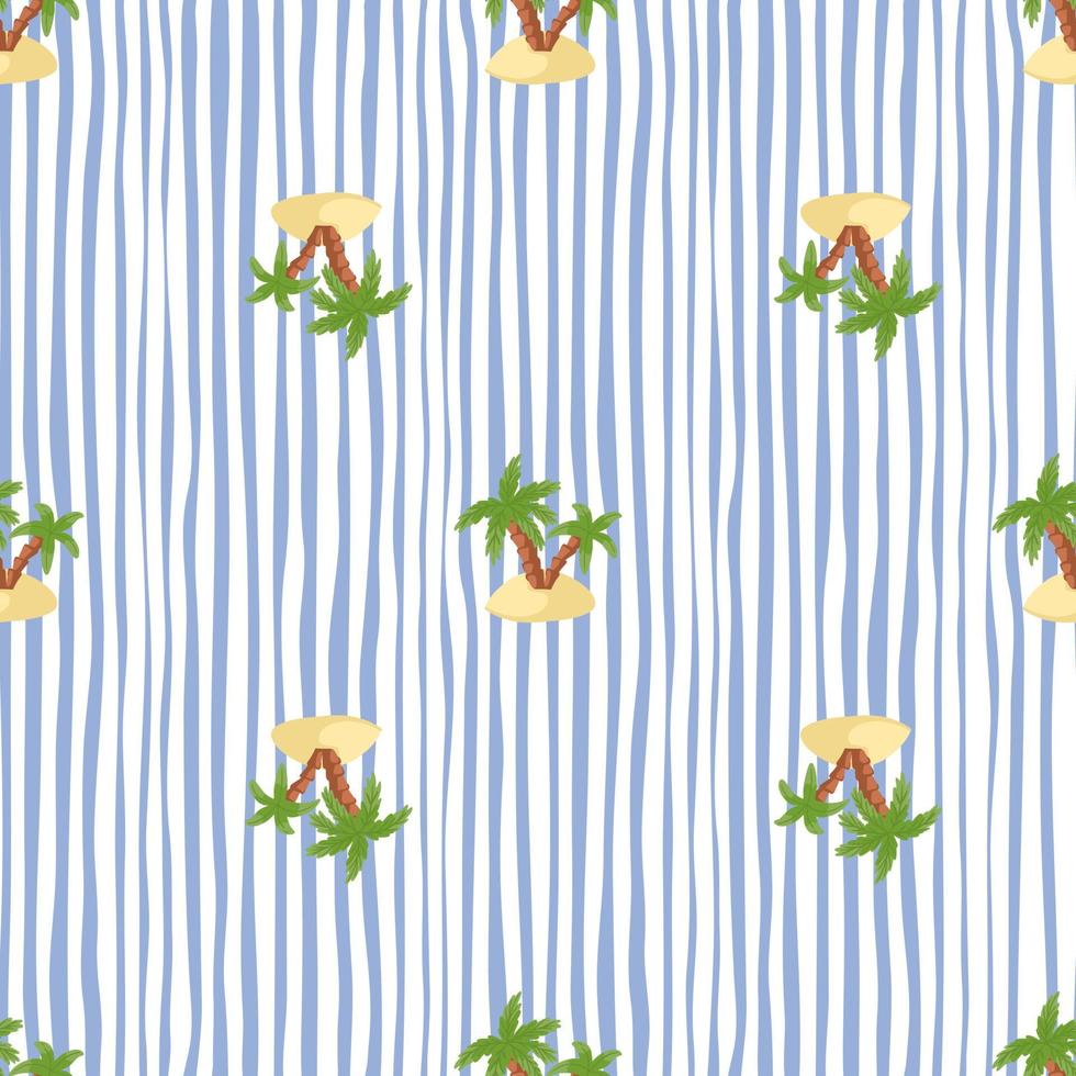 Nature paradise seamless pattern with green palms and island shapes. White and blue striped background. vector