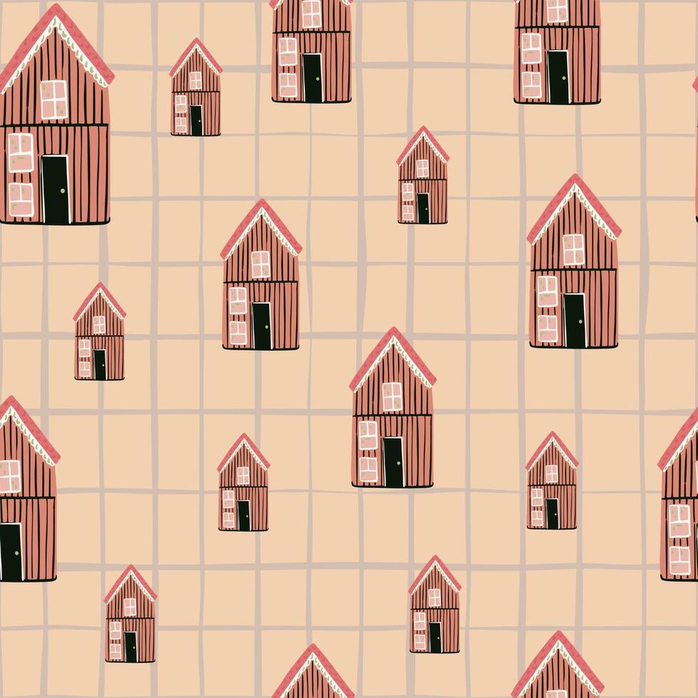Random houses silhouettes seamless pattern. Doodle cottage ornament on pink background with check. vector