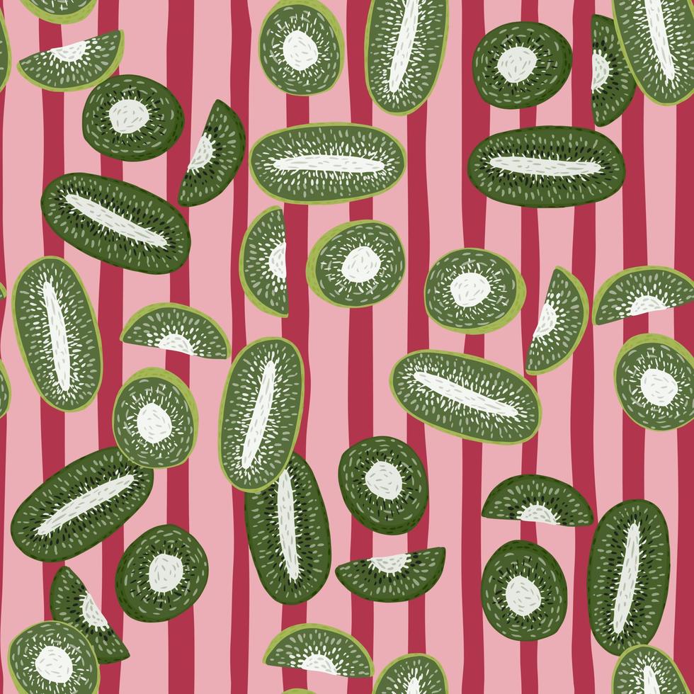 Random green abstract kiwi slices seamless doodle pattern. Pink striped background. Fresh organic ornament. vector