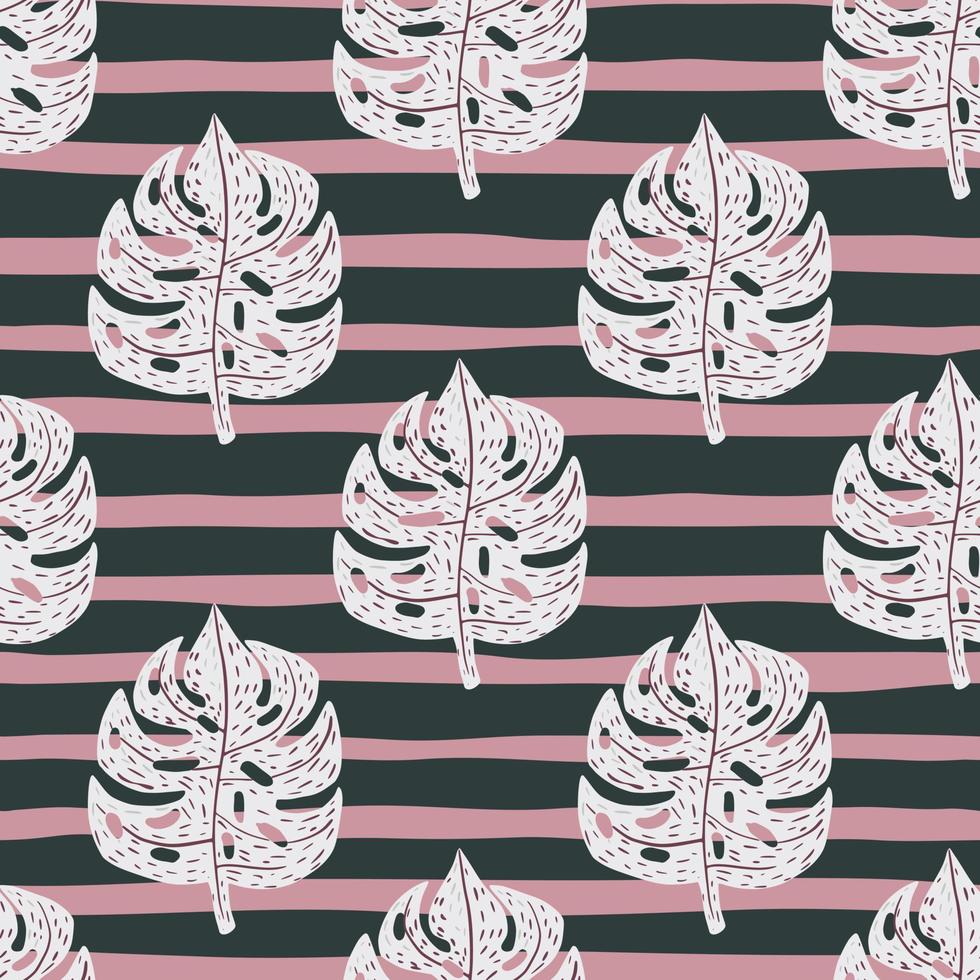 Light grey monstera silhouettes seamless hand drawn pattern. Striped pink and grey background. vector