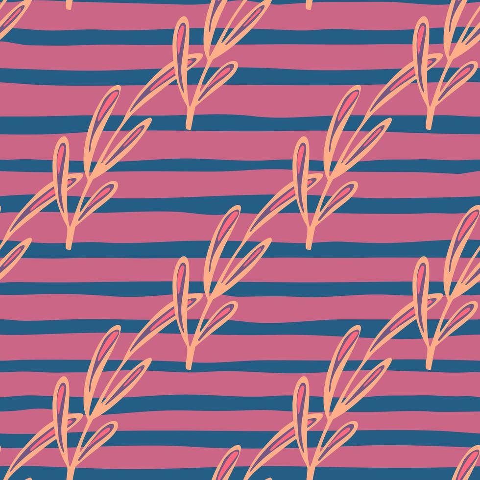 Outline seamless pattern with hand drawn minimalistic foliage print. Blue and pink striped background. vector