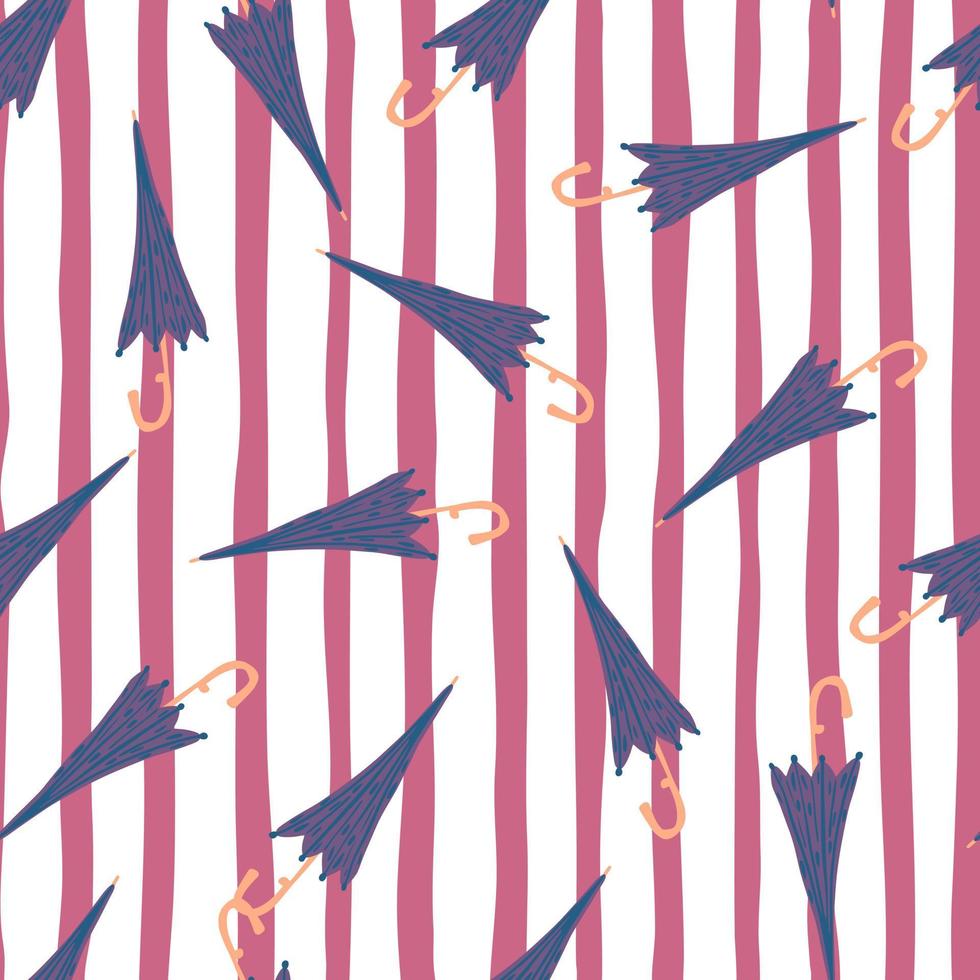 Seamless random pattern with purple umbrella simple elements. Pink and white striped background. vector