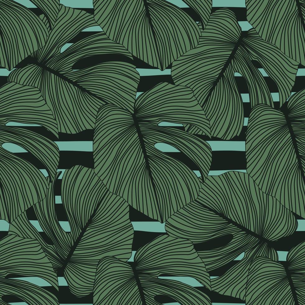 monstera deja un patrón sin costuras en el fondo de rayas. patrón tropical, fondo de hoja botánica. vector