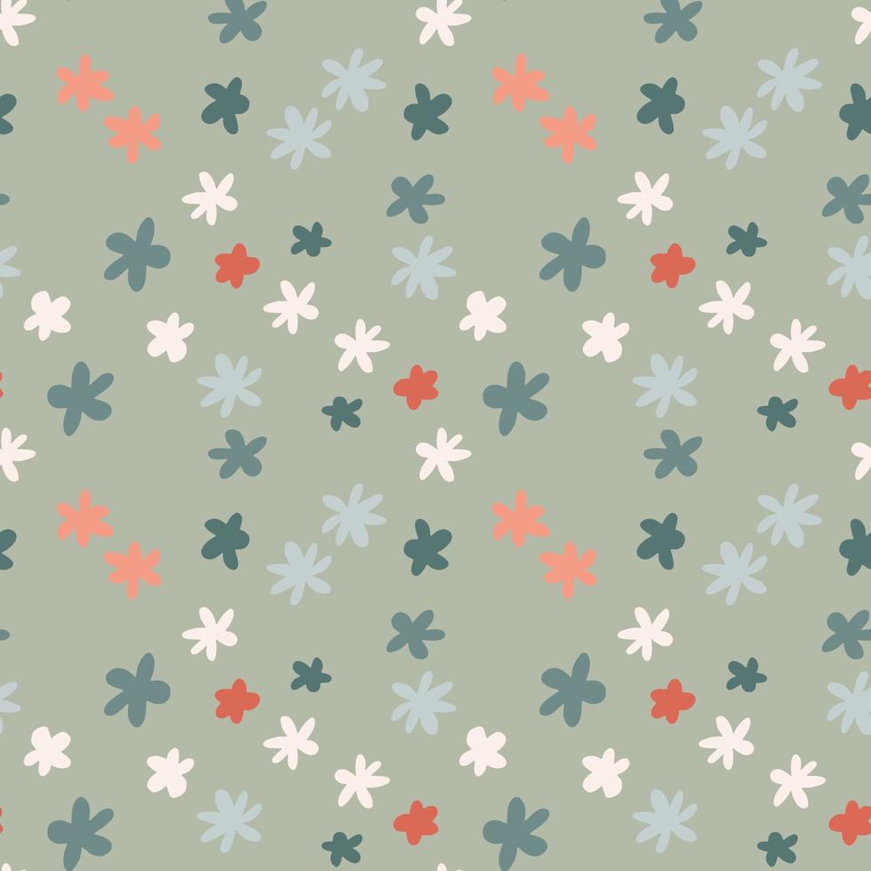 Scribble flower figures random seamless pattern. Blue, white and pink colored shapes on grey background. vector