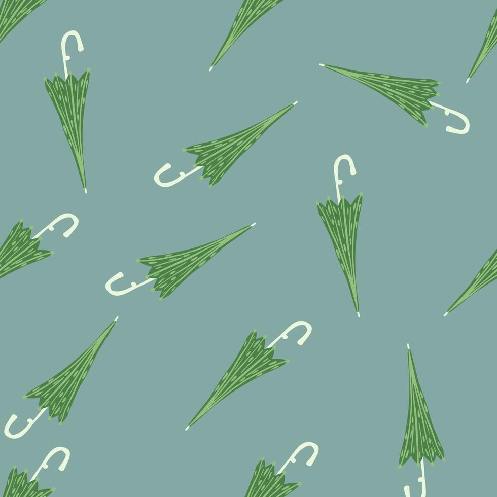 Pastel palette seamless pattern with green randon umbrella ornament. Blue background. vector