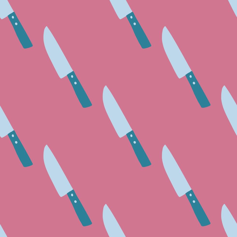 Seamless pattern with doodle blue tones knife elements. Pink colored backdrop. Cooking abstract print. vector