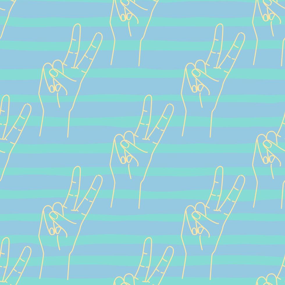 esbozar el gesto de la mano con dos dedos hacia arriba. contorno de silueta amarilla sobre un fondo azul. signo de victoria de la paz. vector