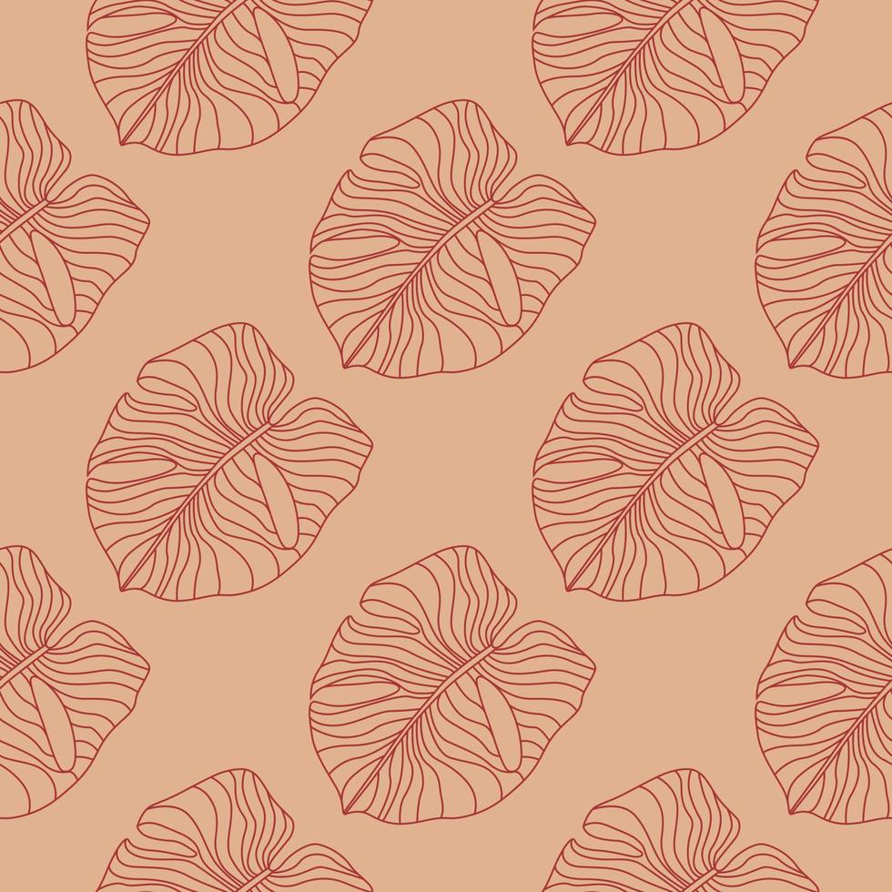 Hand drawn simple monstera seamless doodle pattern. Stylized outline exotic foliage artwork in pale maroon tones. vector