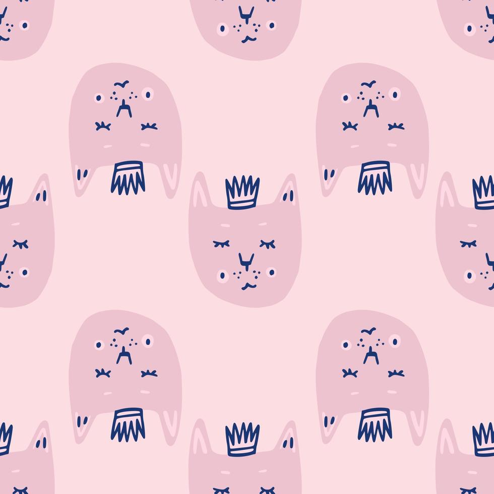 Seamless king cat pattern. Light pink palette print with navy blue crowns. Simple childish backdrop. vector