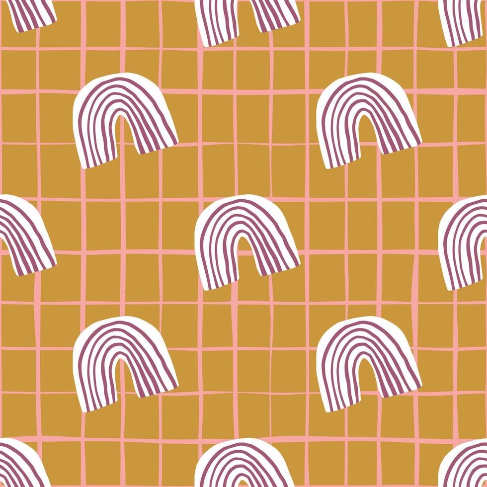 Scandinavian pattern in pastel tones. White and purple rainbows on ocher pink-lined background. vector