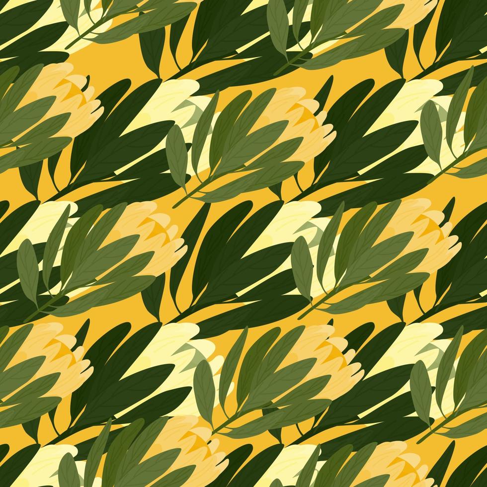 Exotic seamless pattern with protea flowers silhouettes ornament. Yellow background. Green leaves print. vector