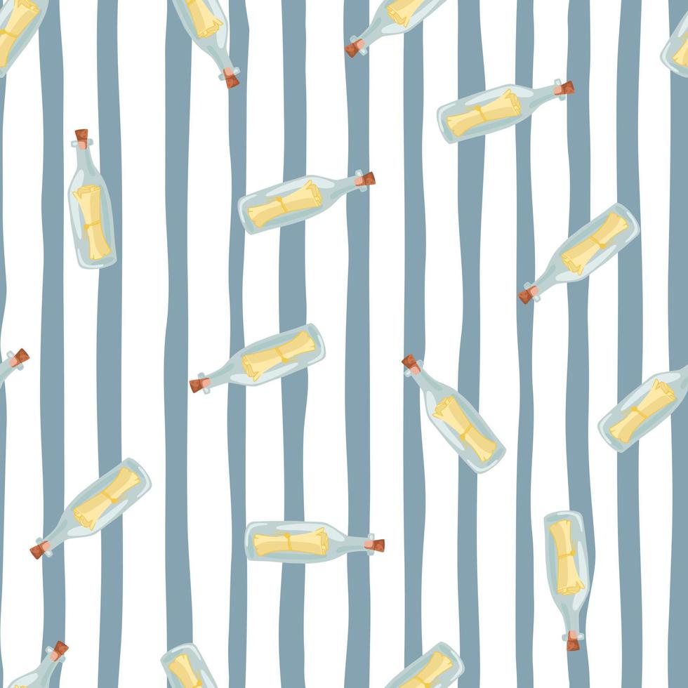 Cartoon seamless pattern with random glass bottles with message print. Sea style. Striped background. vector