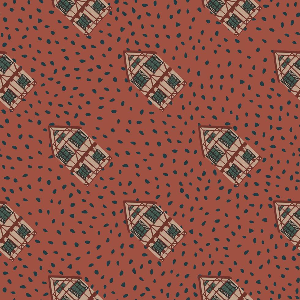 Architecture seamless pattern with doodle house ornament. Maroon dotted background. vector