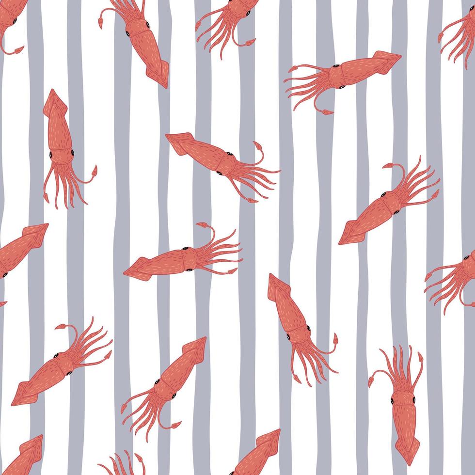 Random decorative seamless pattern with squids on striped background. vector