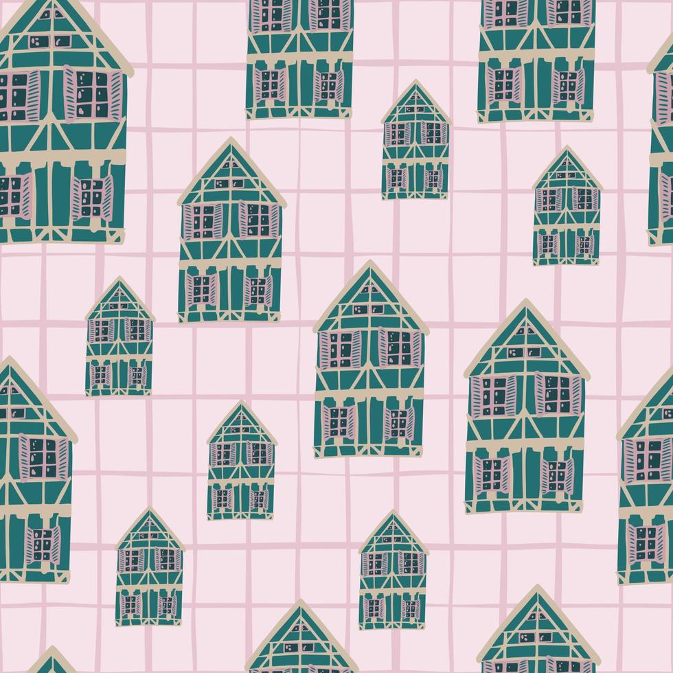 patrón aleatorio sin costuras con siluetas de casas de color verde. fondo a cuadros rosa claro. vector
