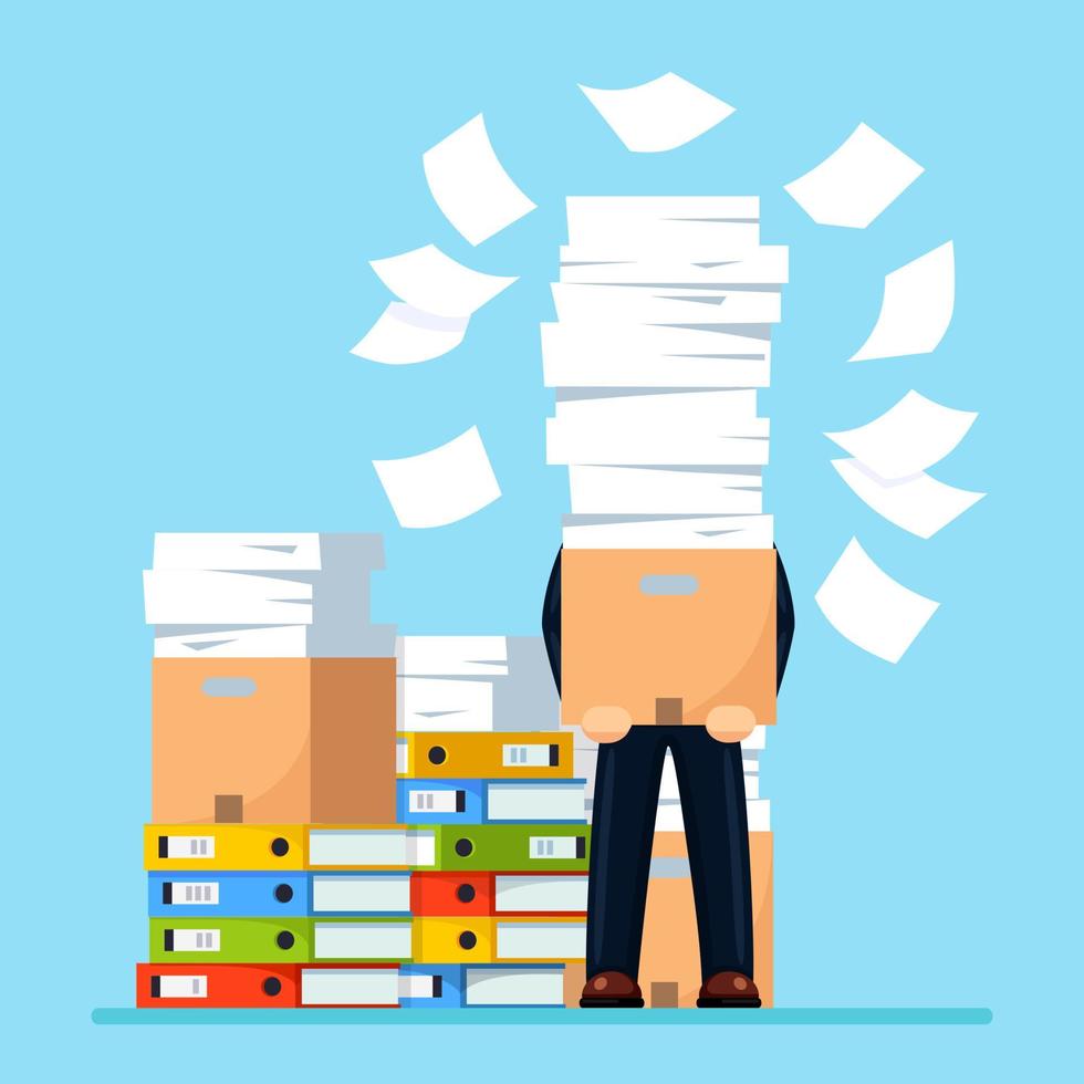 Pile of paper, busy businessman with stack of documents in carton, cardboard box. Paperwork. Bureaucracy concept. Stressed employee. Vector cartoon design