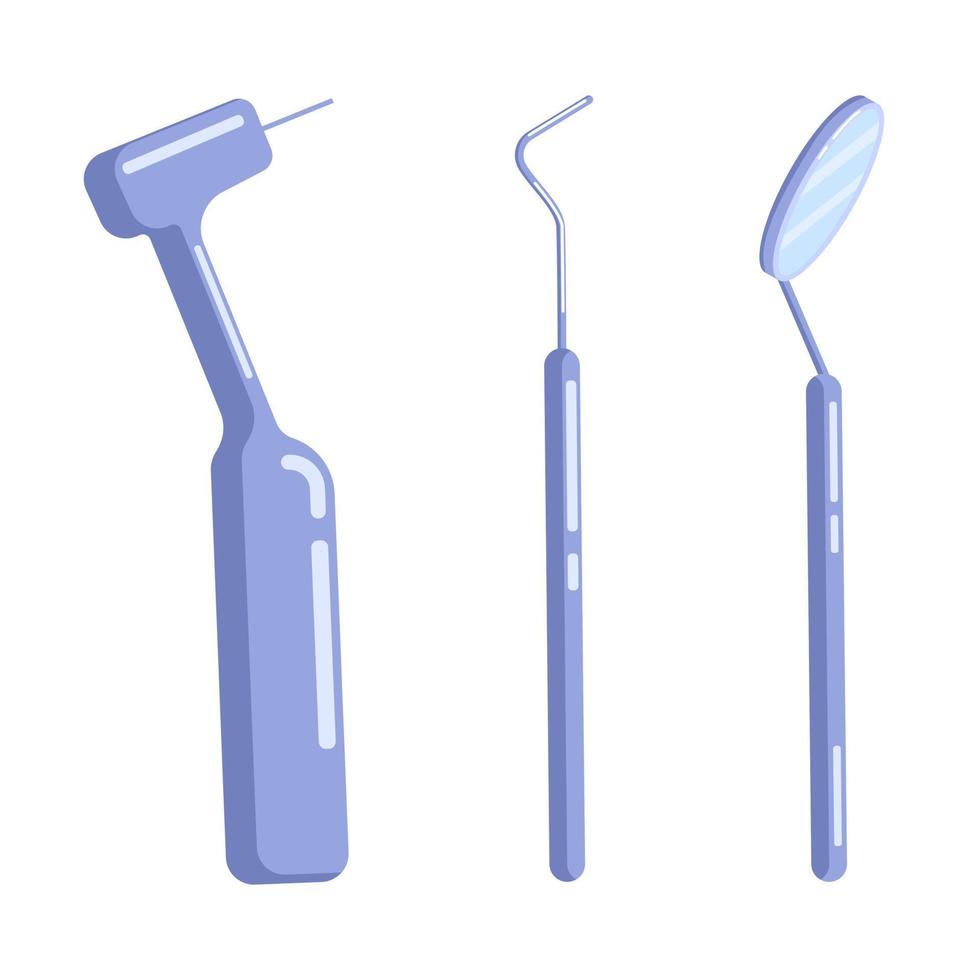 conjunto de instrumentos dentales y médicos. taladro dental, metal de cureta, iconos planos de espejo de inspección. vector