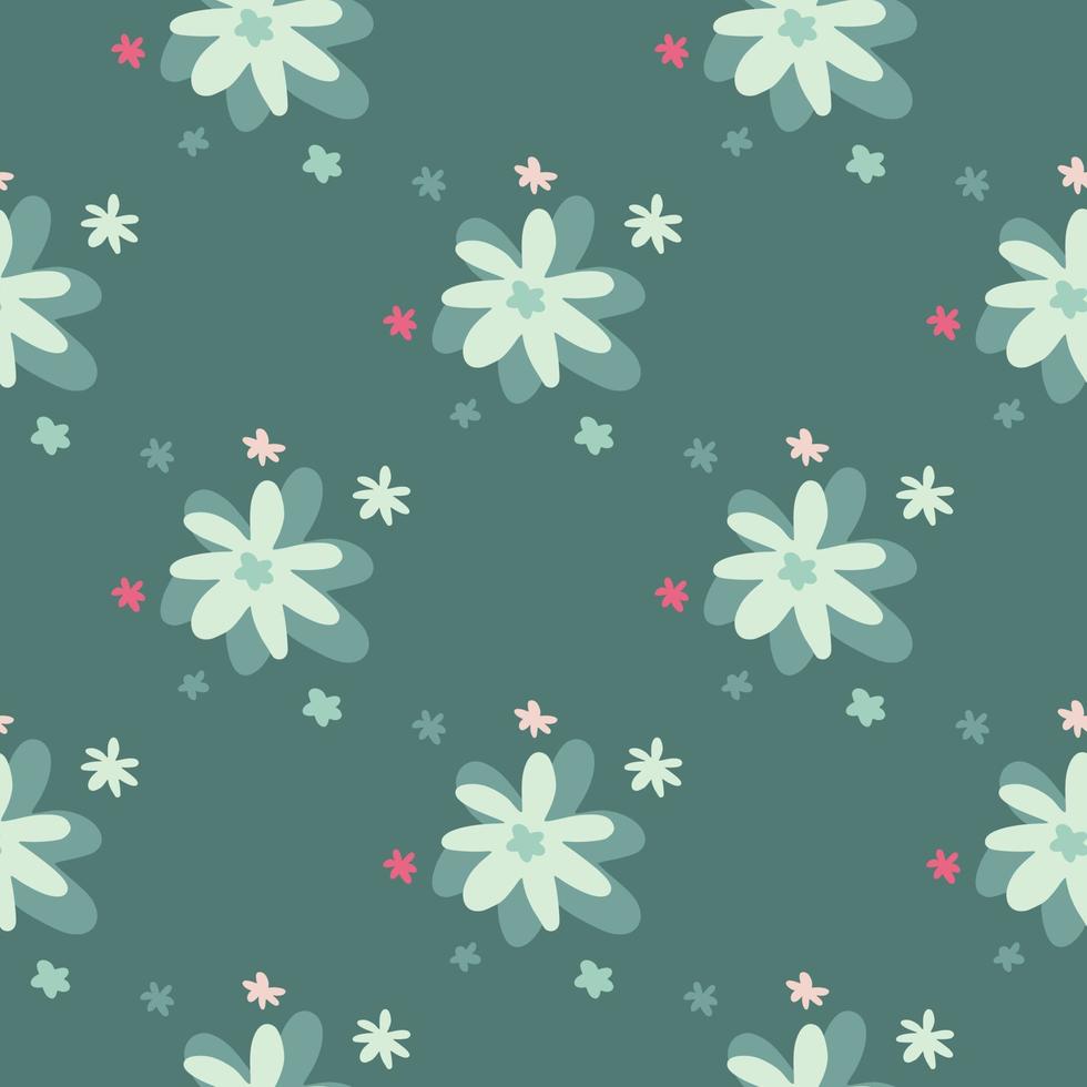 Pastel seamless pattern with daisy flowers. Chamomile elements in blue tones and light green background. vector