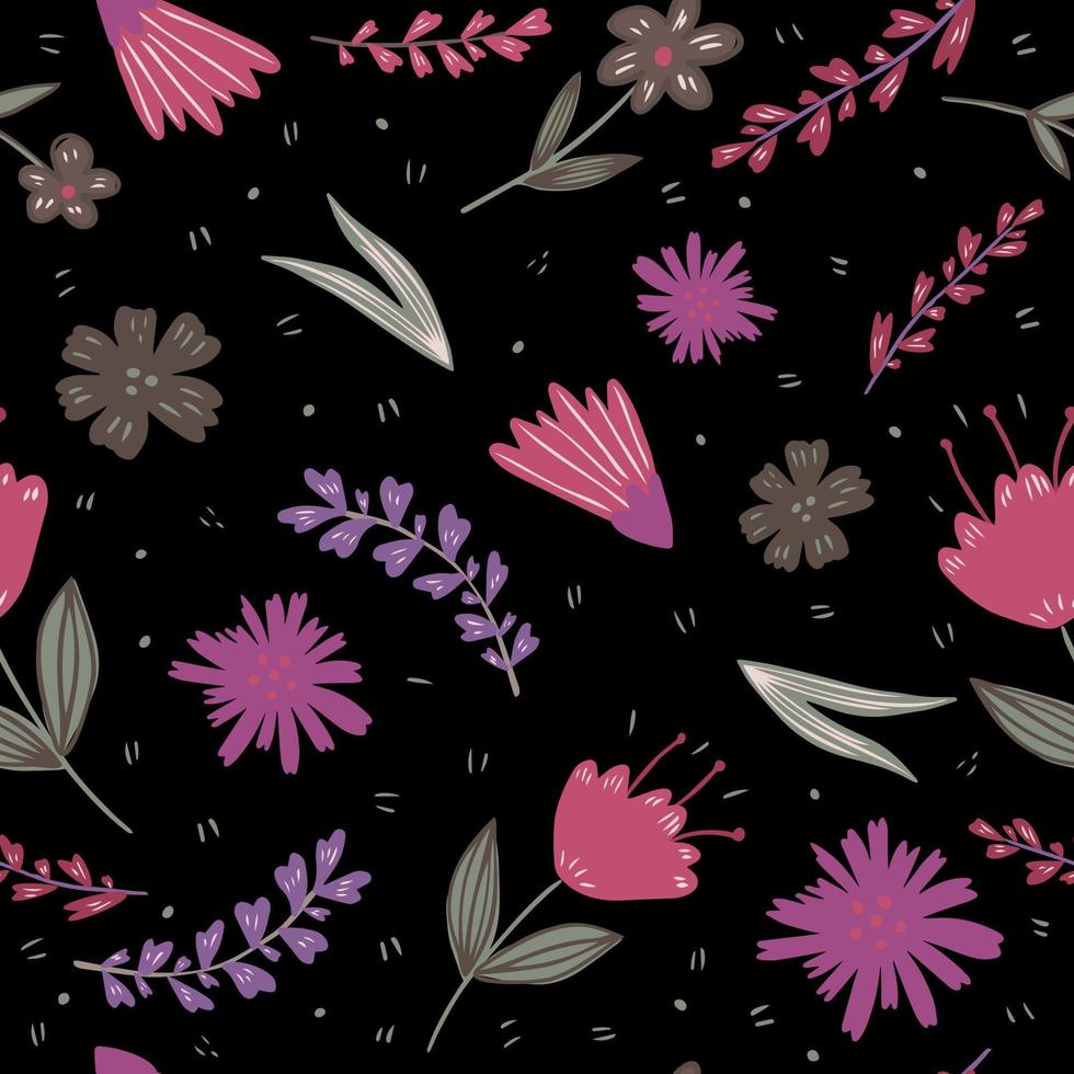 Modern cute forest little flowers and leaves seamless pattern on black background. Folk floral wallpaper. vector