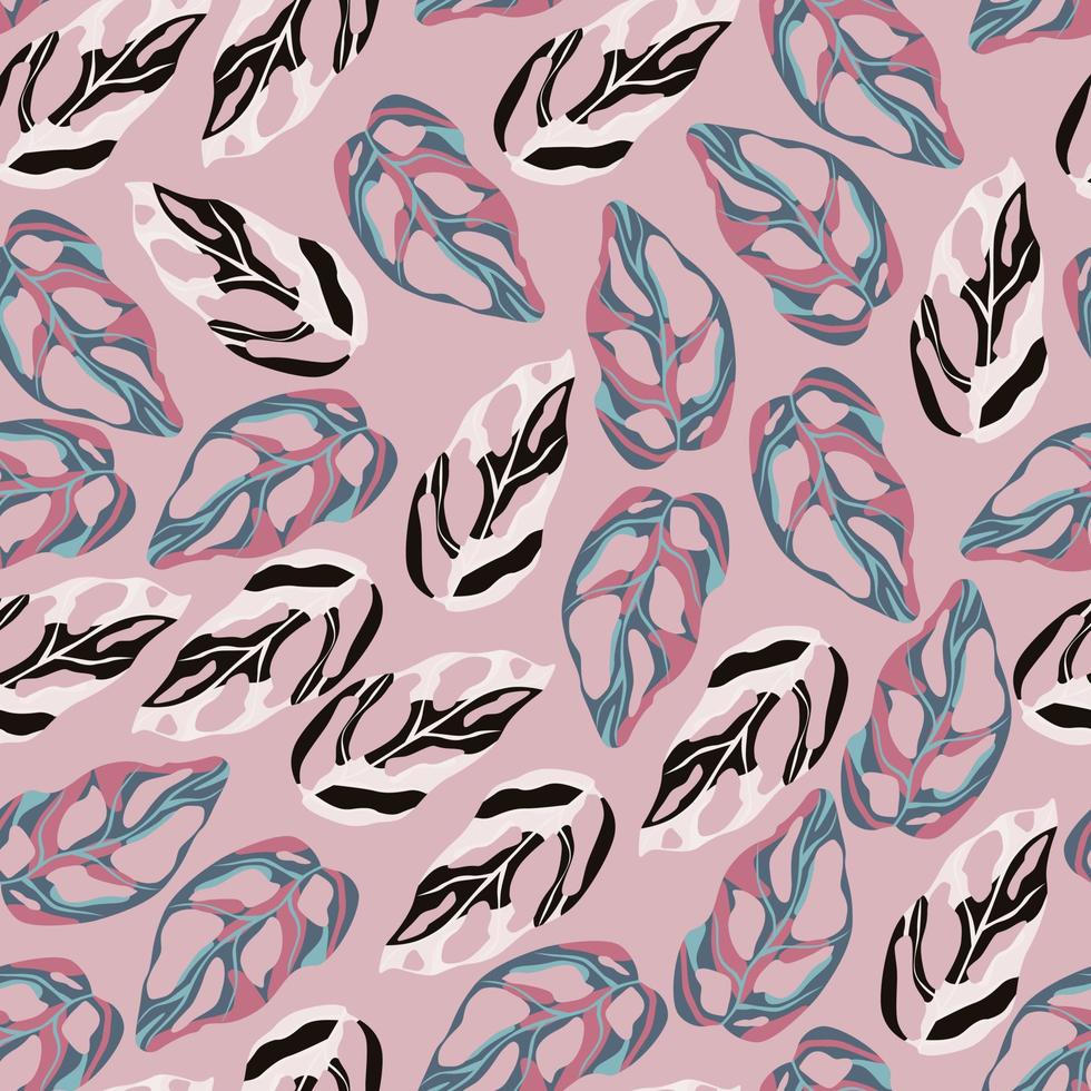 Random monstera leaves seamless doodle pattern. Light pink background with colorful botanic figures. vector