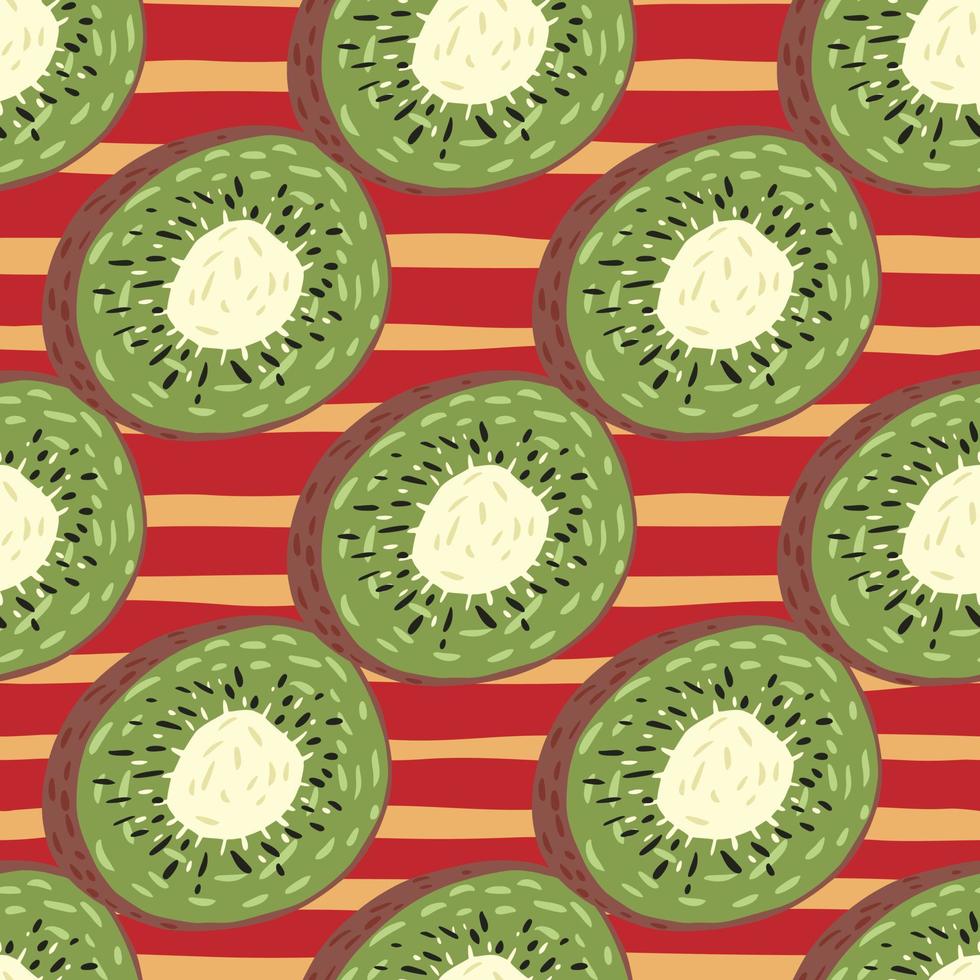 Seamless pattern with vitamin summer kiwi fruit ornament. Red and ocher striped background. vector