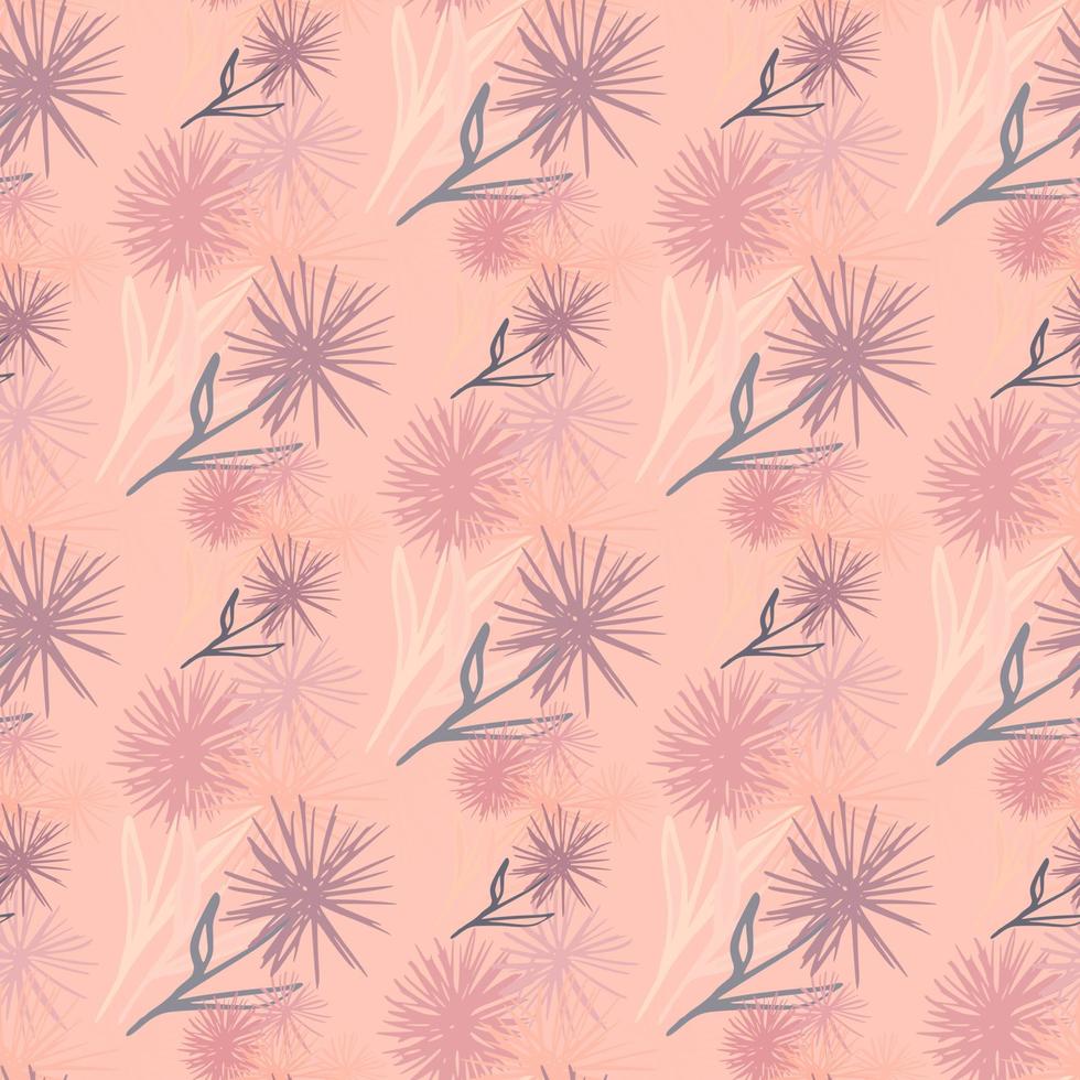 Simple hand drawn dandelion ornament seamless pattern. Soft pink background. Light pink and purple flowers. vector