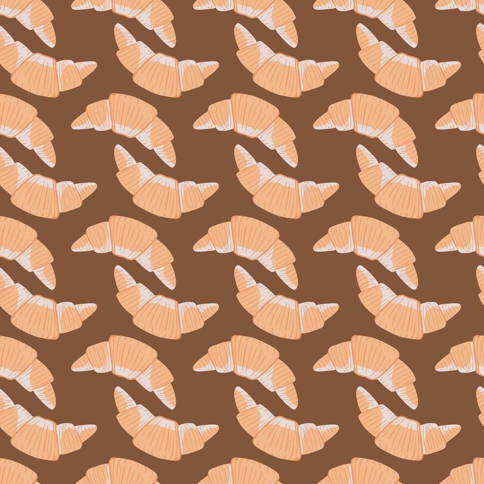 Simple food seamless pattern with orange croiisants stylized silhouettes. Flat delicious dessert ornament on brown background. vector