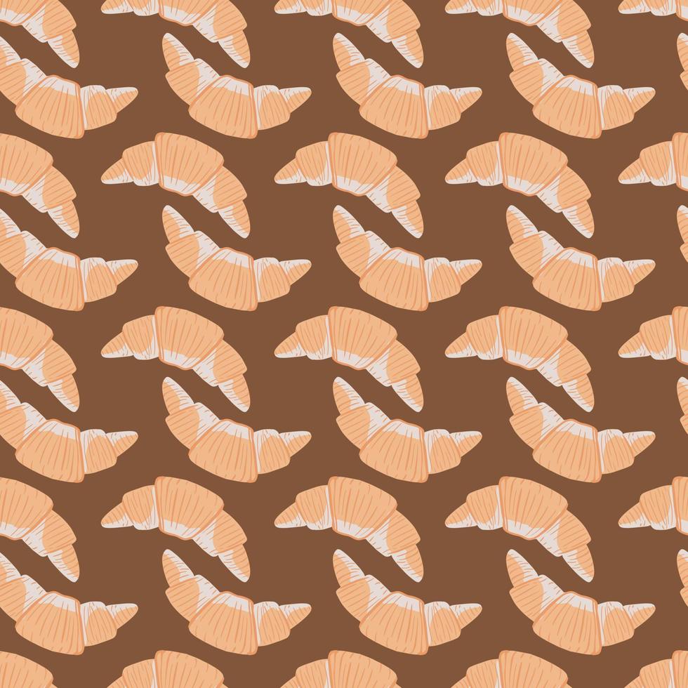 Simple food seamless pattern with orange croiisants stylized silhouettes. Flat delicious dessert ornament on brown background. vector