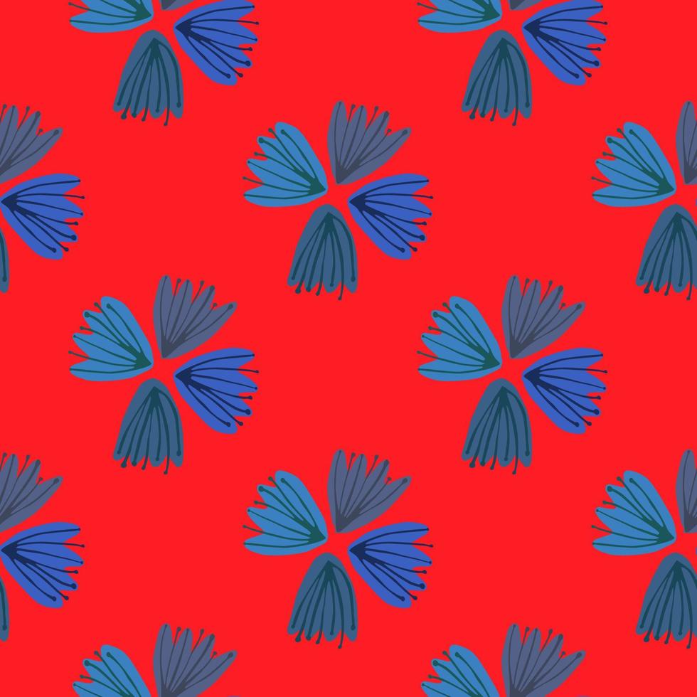 patrón de brotes florales sin costuras en contraste. siluetas botánicas con fondo rojo y flores azules. impresión brillante. vector