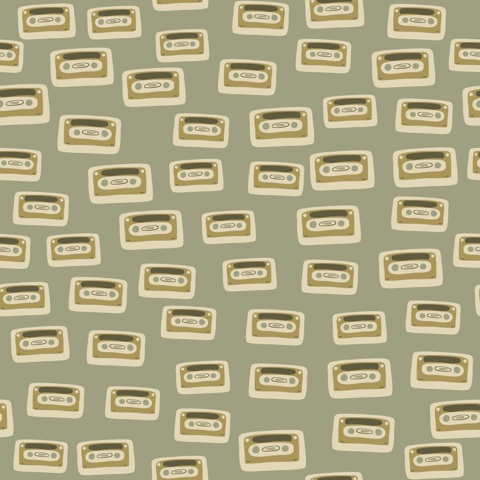 Little cassete seamless doodle pattern. Light brown background with beige ornament. Music print. vector